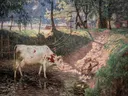 (1849-1924) Na de oversteek (1899) van Emile Claus: dieren met koeien, water, oever en bomen, in gedempt groen en wit