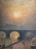 (1849-1924) Zonsondergang boven de Thames (1918) van Emile Claus: landschap met zonsondergang, brug, mist en rivier, in roze en goud