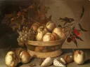 A basket with cherries, apples, peaches and a bunch of grapes, surrounded by apples, peaches, shells, bees and a dragonfly van Balthasar van der Ast: stilleven met fruit, kersen, perziken en mand, in warm geelbruin