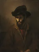 A Bearded Man Wearing a Hat van Rembrandt van Rijn: portret met man, baard, hoed en mantel, in donker bruin