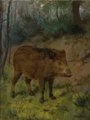 A Boar .webp van Rosa Bonheur: dieren met wild zwijn, bos, gras en bomen, in warm bruin en groen