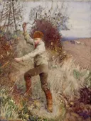 A Boy Cutting A Stick van George Clausen: figuren met jongen, veld, struiken en herfst, in warm bruin met paars