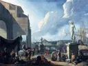 A Capriccio View of Rome with the Castel Sant'Angelo van Johannes Lingelbach: stad met Rome, haven, standbeeld en schepen, in helder blauw en oker