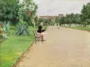 A City Park van William Merritt Chase: landschap met park, bank, vrouw en bomen, in fris groen