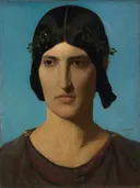 A Cotton Office in New Orleans van Jean-Leon Gerome: portret met vrouw, hoofddoek en blauwe achtergrond, in turkooisblauw en bruin