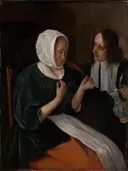 A couple drinking van Jan Steen: figuren met paar, drinken, wijn en herberg, in warm bruin