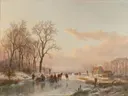 A Frozen Canal near the River Maas van Andreas Schelfhout: landschap met winter, ijs, schaatsers en bomen, in gedempt beige met roze lucht