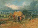 A Harvest Scene with Workers Loading Hay on to a Farm Wagon van James Ward: figuren met hooiwagen, oogst, boeren en paard, in goudgeel en blauw