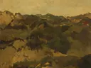 A Heath Landscape, Presumably in Drenthe van George Hendrik Breitner: landschap met heide, veld, horizon en wolken, in gedempt olijfgroen en oker
