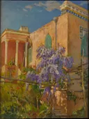 A House with Flowering Trees along the Amalfi Coast of Italy van Constantin Westchiloff: landschap met huis, blauweregen, kust en bloesem, in warm roze met paars