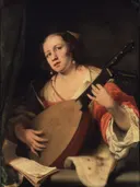 A Lady Playing the Lute van Ferdinand Bol: figuren met vrouw, luit, muziek en bladmuziek, in warm bruin en wit