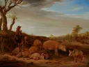 A Landscape with a Herd of Pigs, The Swineherd Conversing with Another Man van Paulus Potter: dieren met varkens, herder, landschap en boom, in warm bruin