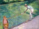 A Man Docking His Skiff VMFA van Gustave Caillebotte: figuren met man, roeiboot, water en riem, in helder groen en rood