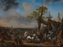 (A military encampment traditionally identified as050900) van Johannes Lingelbach: figuren met legerkamp, tenten, paarden en soldaten, in warm bruin en blauw