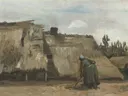 A Peasant Woman Digging in Front of Her Cottage van Vincent van Gogh: landschap met hut, rieten dak, boerin en spitten, in gedempt grijsbruin