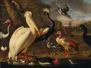 A pelican and other birds by the water van Melchior d'Hondecoeter: dieren met pelikaan, vogels, kraanvogel en water, in wit en rood op donkergroen