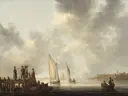 A Pier Overlooking Dordrecht van Aelbert Cuyp: zee met zeilboot, water, steiger en wolken
