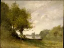 A Pond near Nangis van Paul Désiré Trouillebert: landschap met vijver, boom, bootje en wolken, in groen en wolkenwit