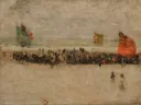 A Red Note Fête on the Sands, Ostend, 1887, 1992.155 van James McNeill Whistler: zee met strand, menigte, tenten en vlaggen, in zandgeel met rood