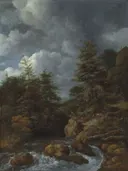 A river landscape with fir trees by a cascade van Jacob van Ruisdael: landschap met waterval, dennen, rotsen en water, in donkergroen en grijs