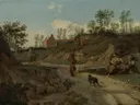 (A rural landscape with figures conversing061726) van Jan van der Heyden: landschap met zandpad, duinen, ruiter en hond, in gedempt beige en grijs