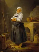 A Saxon Villager in her Kitchen van Charles Francois Hutin: figuren met vrouw, boerin, muts en schort, in warm bruin met wit