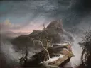 A Snow Squall van Thomas Cole: landschap met storm, sneeuw, bergen en dode boom, in gedempt grijs en bruin