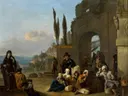 A street scene by a Roman city gate van Johannes Lingelbach: stad met stadspoort, Rome, mensen en standbeeld, in warm bruin en blauw