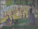 A Sunday on La Grande Jatte 1884 van Georges Seurat: figuren met park, mensen, parasol en hond, in groen, blauw en oker