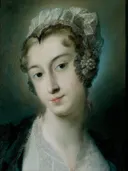 A Tyrolean Innkeeper van Rosalba Carriera: portret met vrouw, kanten muts, glimlach en pastel, in wit en groen