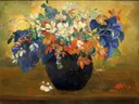 A Vase of Flowers van Paul Gauguin: bloemen met boeket, vaas, irissen en tafel, in blauw en oranje op oker