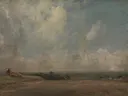 A View from Hampstead Heath (?) van John Constable: landschap met wolken, lucht, heide en vergezicht, in gedempt grijs en beige