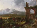 A View near Tivoli (Morning) van Thomas Cole: landschap met ruine, aquaduct, bergen en bomen, in zacht groen en blauw