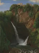 A View of Tivoli Cascade van Jean-Joseph-Xavier Bidauld: landschap met waterval, rotsen, bomen en rivier, in donkergroen en wit