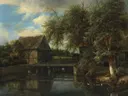 A Water Mill van Jacob van Ruisdael: landschap met watermolen, water, bomen en huis, in groen en grijsblauw