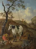 A White Horse standing by a Sleeping Man van Pieter Cornelisz Verbeeck: dieren met wit paard, boom, slapende man en duinen, in bruin en wit