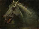 A Wild Stallion van Albert Bierstadt: dieren met paard, hengst en paardenhoofd, in donker grijsgroen