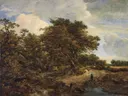 (A wooded landscape with cottages and a figure and d055155) van Jacob van Ruisdael: landschap met bos, huisje, water en bomen, in warm bruin en groen