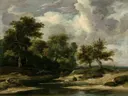 A wooded river landscape with a traveller and dog van Jacob van Ruisdael: landschap met bos, bomen, water en reiziger, in donkergroen en blauw