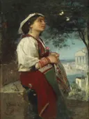 A young Italian beauty with butterflies van Jacob Maris: portret met vrouw, vlinders, hoofddoek en rode rok, in rood, wit en blauw