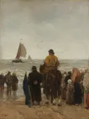 Aankomst der boten van Jacob Maris: figuren met strand, vissers, boten en paard, in warm zandbruin
