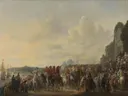 Aankomst van prins Willem II bij de hofstede Welna aan de Amstel tijdens de aanslag op Amsterdam, 31 juli 1650 van Johannes Lingelbach: figuren met ruiters, paarden, menigte en leger, in gedempt oker en blauw