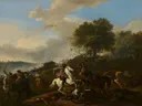 Aanval op een konvooi van Jan van Huchtenburgh: figuren met ruiters, paarden, gevecht en heuvel, in gedempt bruin met blauw