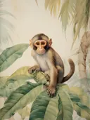 Schilderij van een aapje tussen tropische bladeren