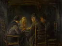 Aardappeleters van Jozef Israëls: figuren met boeren, tafel, eten en interieur, in donker bruin