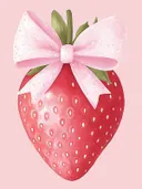 Schilderij van een aardbei versierd met een roze strik.