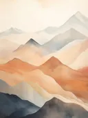 Waterverf schilderij van meerdere bergketens in roestrood, oker en blauwgrijs.