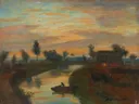 Abend im Moor van Otto Modersohn: landschap met veen, water, avond en zonsondergang, in warm oranje en bruin