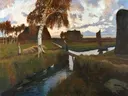 Abend im Moordorf 1898 van Otto Modersohn: landschap met dorp, brug, water en avond, in warm bruin met roze lucht