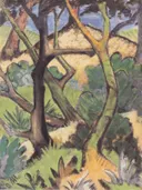 Abendlandschaft (Waldlandschaft) van Otto Mueller: landschap met bomen, struiken, gras en avond, in groen met okergeel